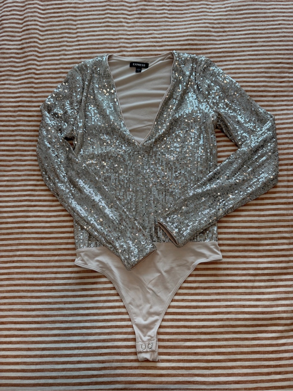 Express Silver Sequin Deep V Long-Sleeve Bodysuit